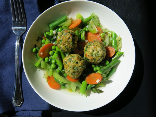 Herbed Chicken Meatballs with Spring Vegetables and Broth