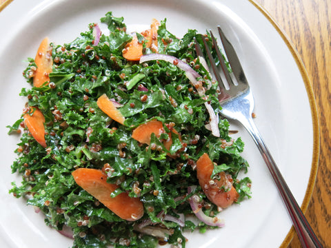 Kale and Red Quinoa Salad with Carrots, Red Onion and Sesame Dressing