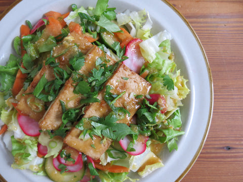 Banh Mi Salad with Pickled Vegetables, Roasted Tofu and a Sesame- Miso Dressing