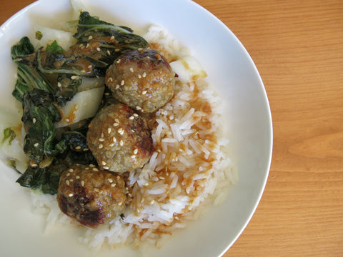 Turkey Meatballs with Coconut Rice and Bok Choy