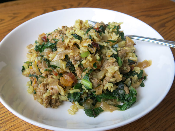 Chicken and Rice with Swiss Chard, Caramelized Onions and Apricots
