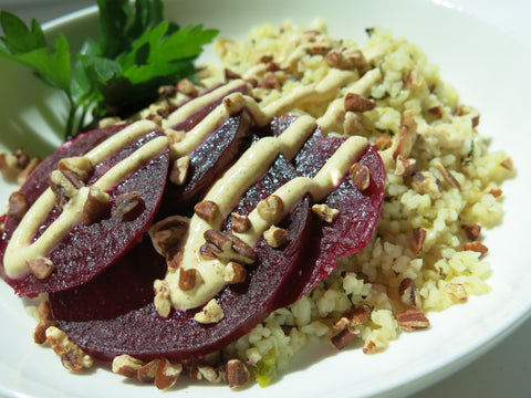 Marinated Beets with Bulgur Wheat Salad, Pistachios and Spiced Feta