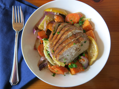 Ras'el'Hanout Rubbed Chicken with Roasted Vegetables and Lemon