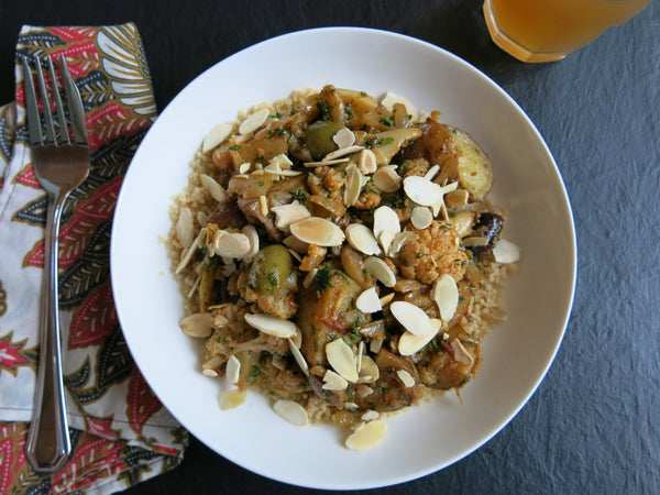 Roasted Winter Vegetables with Olives, Almonds and Couscous