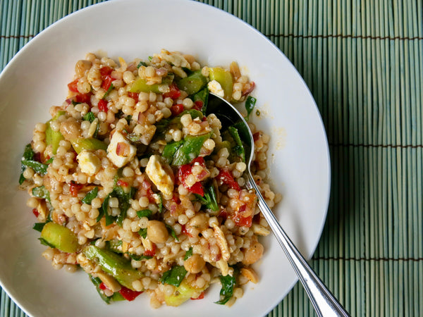 Israeli Couscous Salad with Chickpeas, Feta, Almonds and a Roasted Pepper Vinaigrette