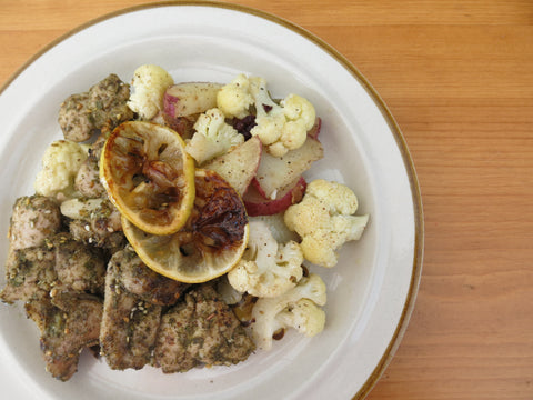 Za'atar Rubbed Chicken with Roasted Cauliflower, Potatoes and Lemon