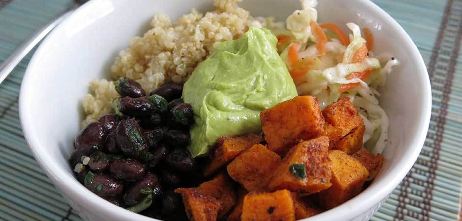 Quinoa Bowl with Sweet Potato, Black Beans, Cabbage and Avocado